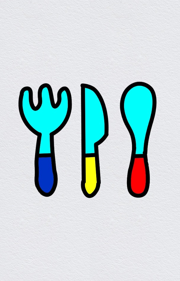 画吃饭餐具,叉子、刀子、勺子、餐具简笔画