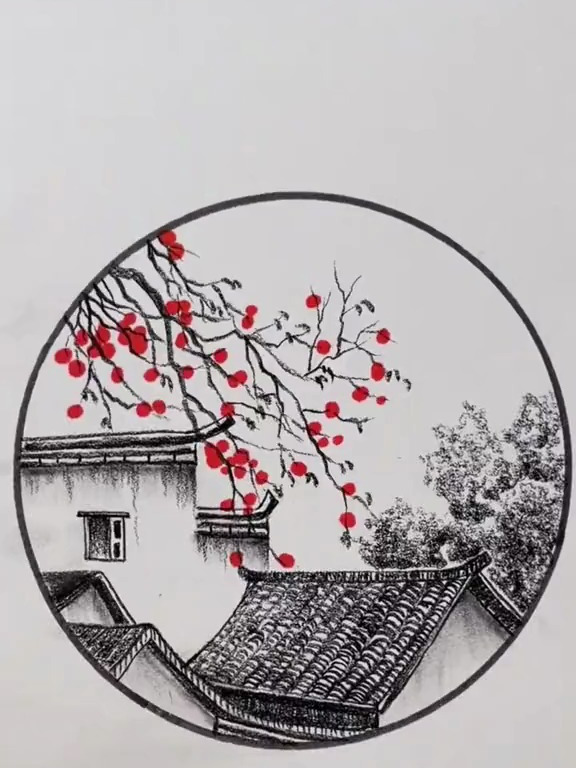 素描简笔画,一枝红杏出墙来