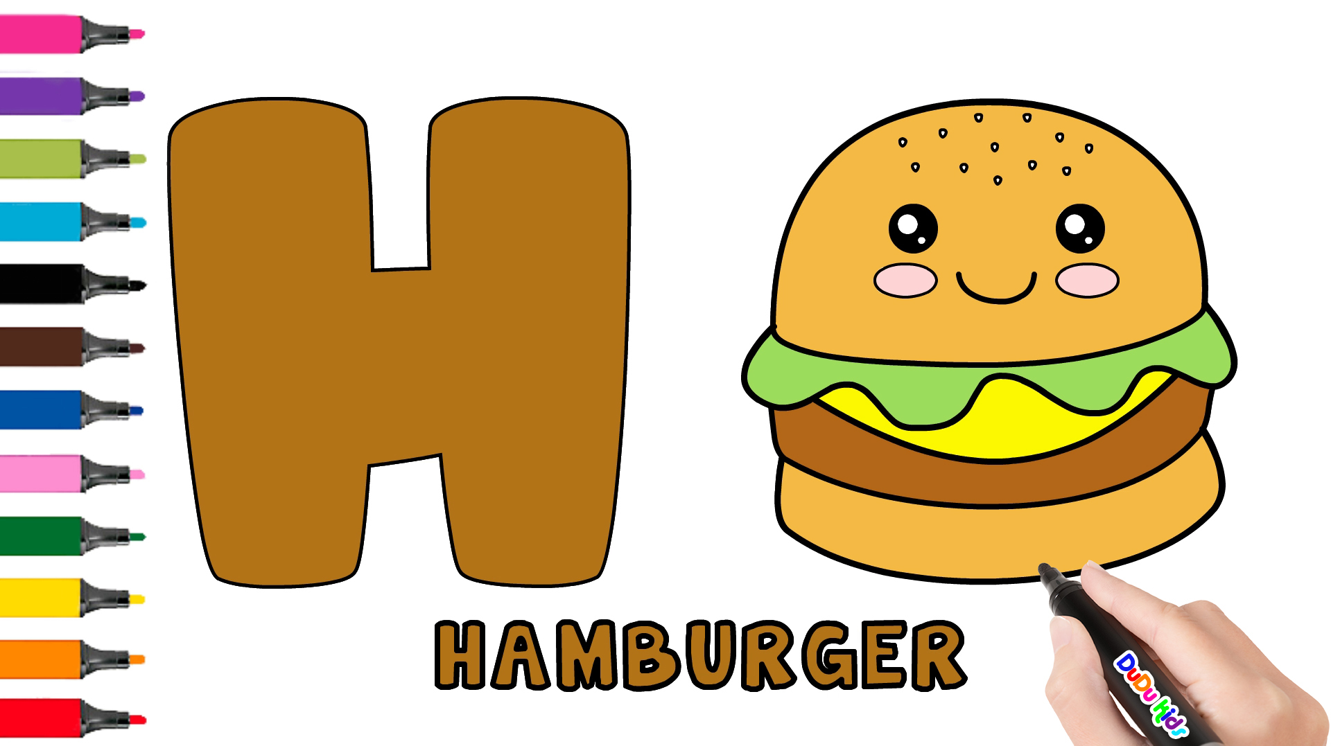 英语字母H宝宝学英语单词Hamburger可爱汉堡简笔画