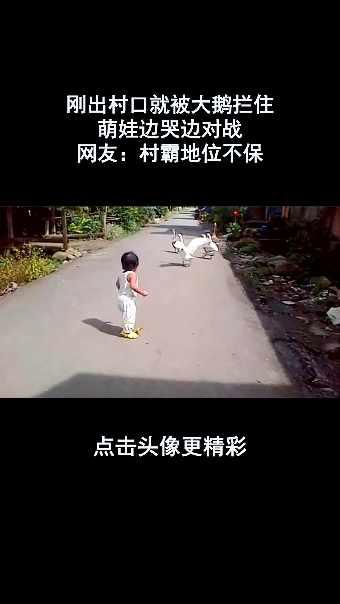 刚出村口就被大鹅拦住,萌娃边哭边对战,网友:村霸地位不保