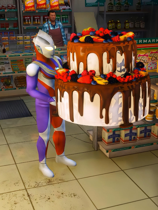 今天是小迪迦生日,迪迦给儿子买了一个大蛋糕