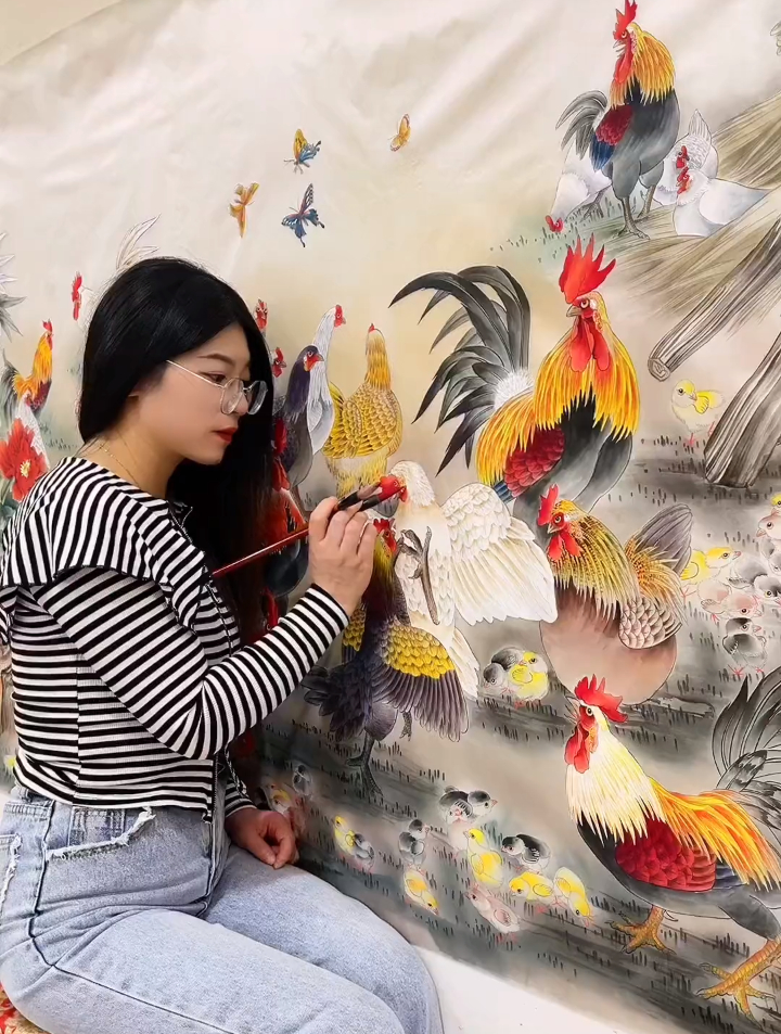 一幅百鸡图画了一个月,展示给大家欣赏