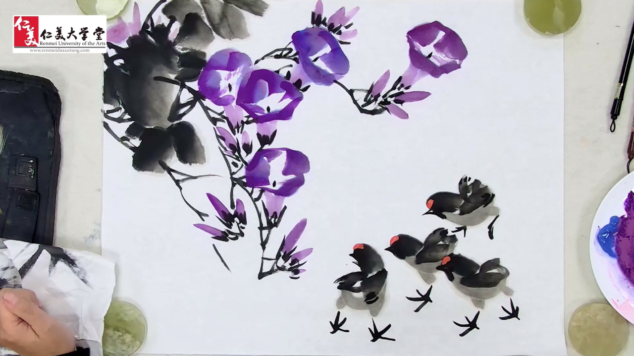 紫色牵牛花下小鸡的画法,12笔画出萌态,原来可以这么简单!