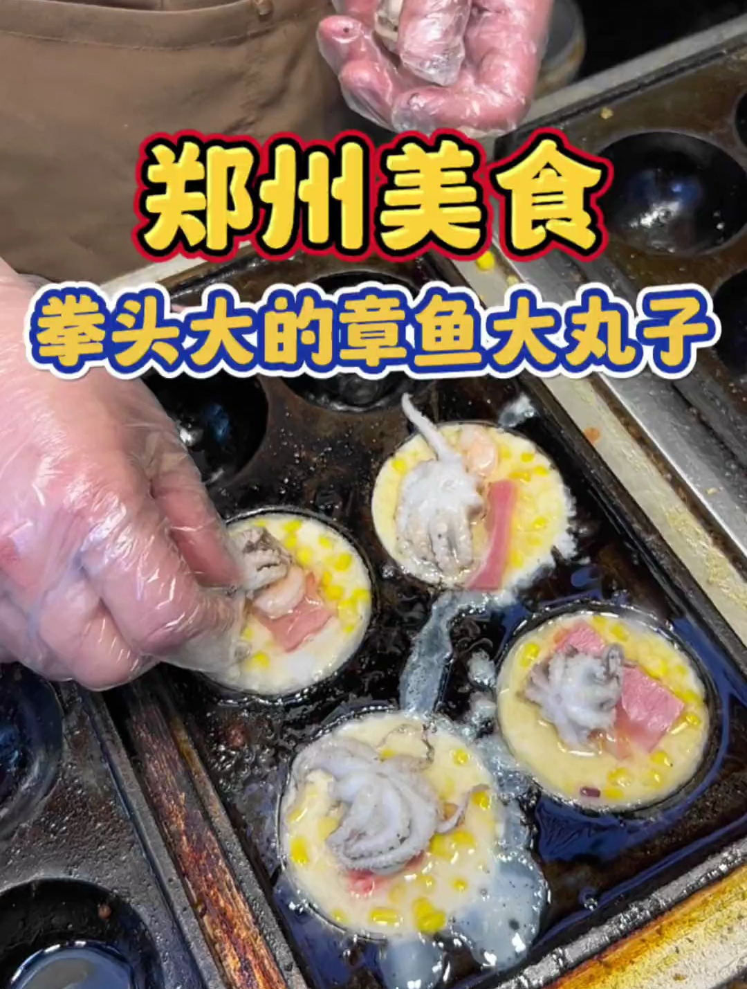 郑州街头偶遇拳头一样大的章鱼大丸子!配料真的好多!