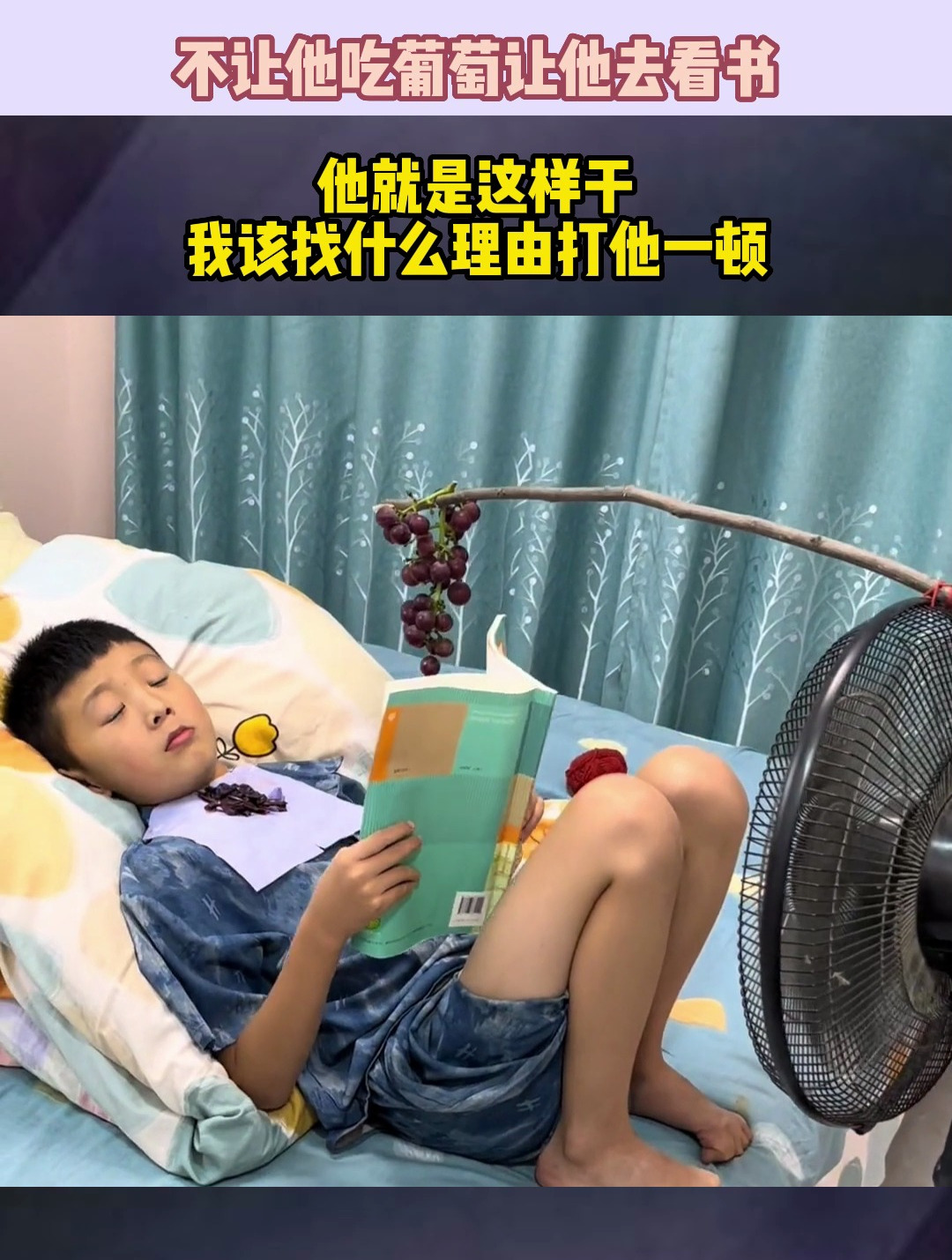 不让他吃葡萄让他去看书,他就是这样干,我该找什么理由打他一顿