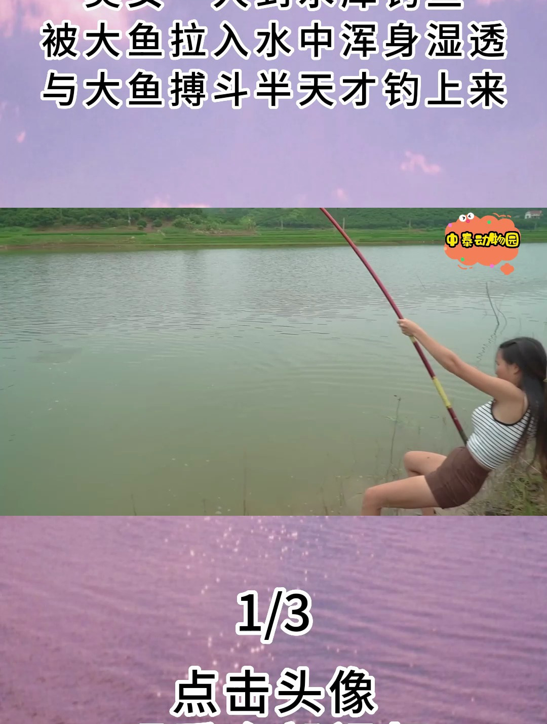 美女一人到水库钓鱼,被大鱼拉入水中,与大鱼搏斗半天才钓上来1