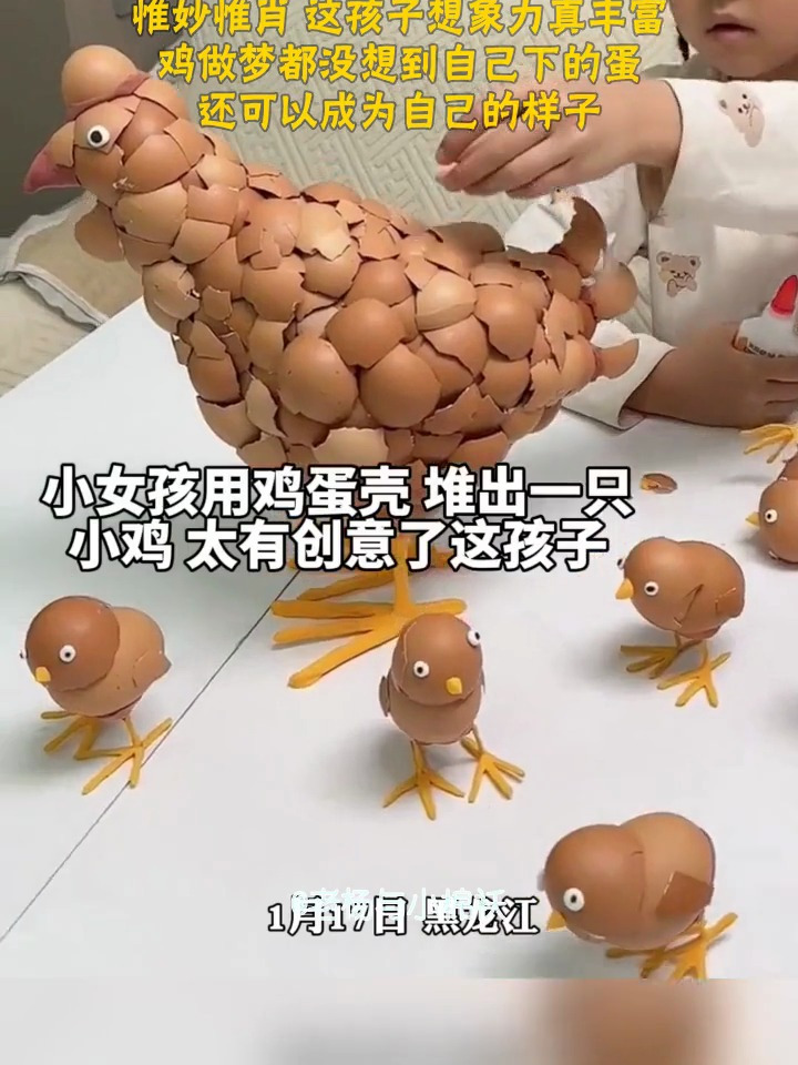 小女孩用鸡蛋壳 堆出鸡妈妈和鸡宝宝的样子 惟妙惟肖 这孩子想象力真丰富 鸡做梦都没想到自己