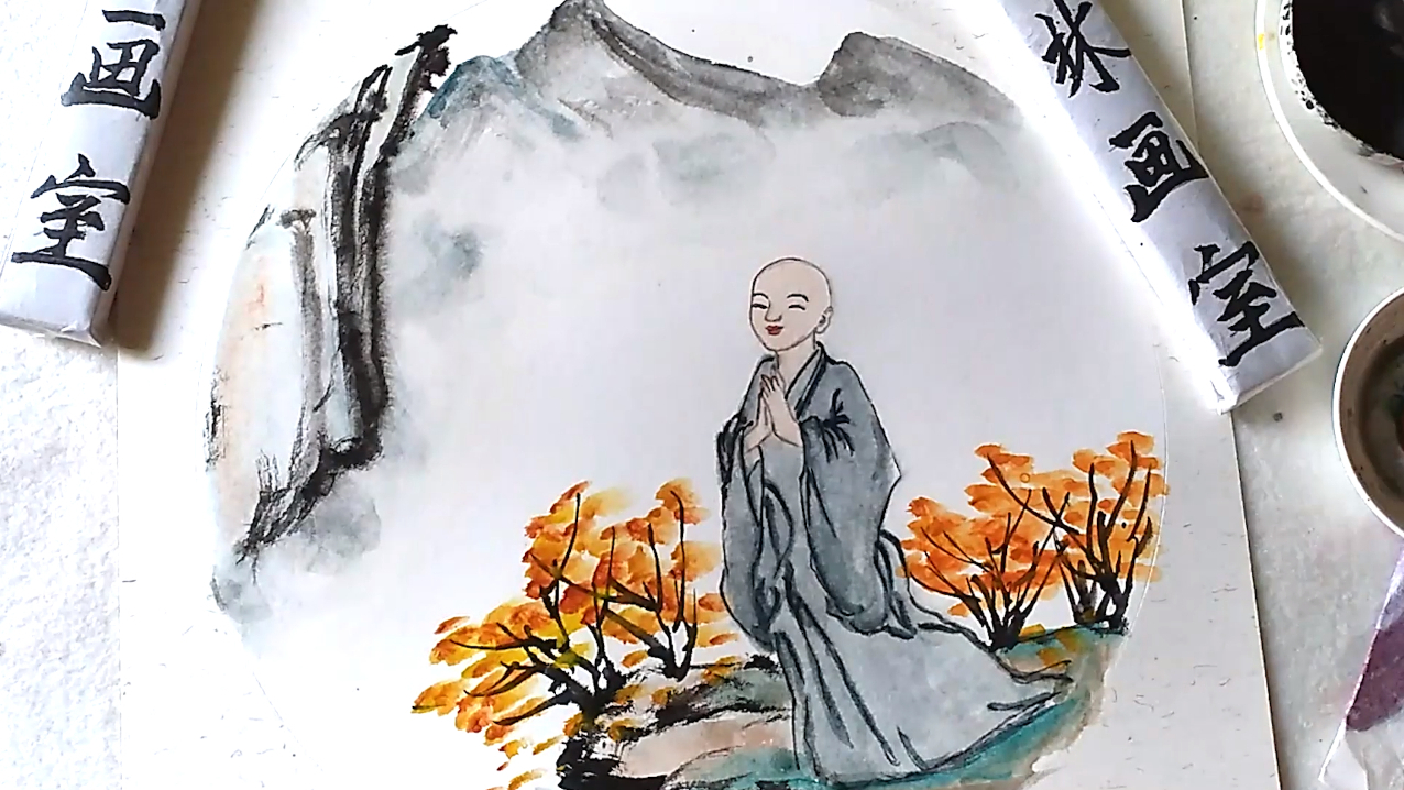 画秋天里的小和尚,水墨线描画人物就这么简单。看完你也会值得收藏。