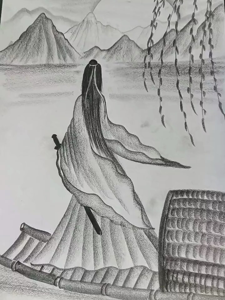 古风炭笔风景画,简笔画