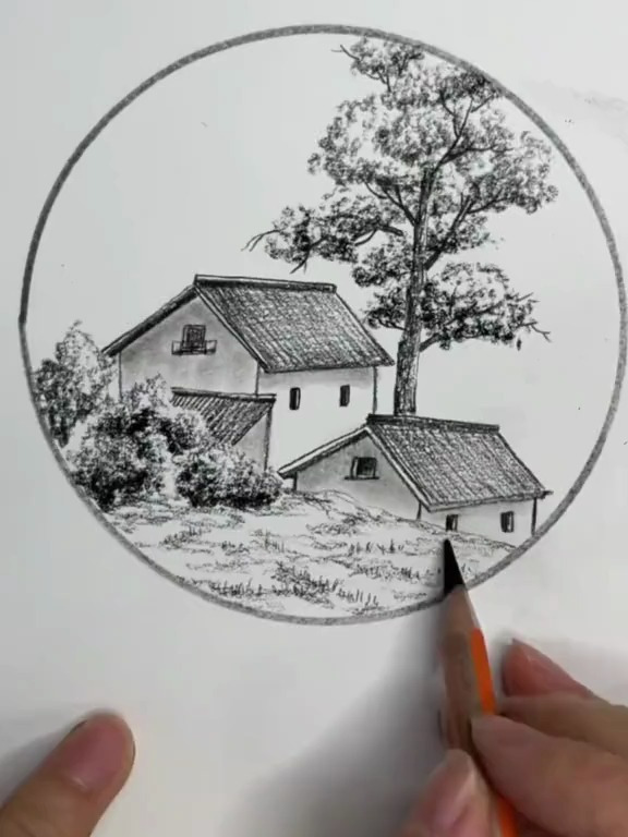 素描简笔画,屹立在远方的家乡