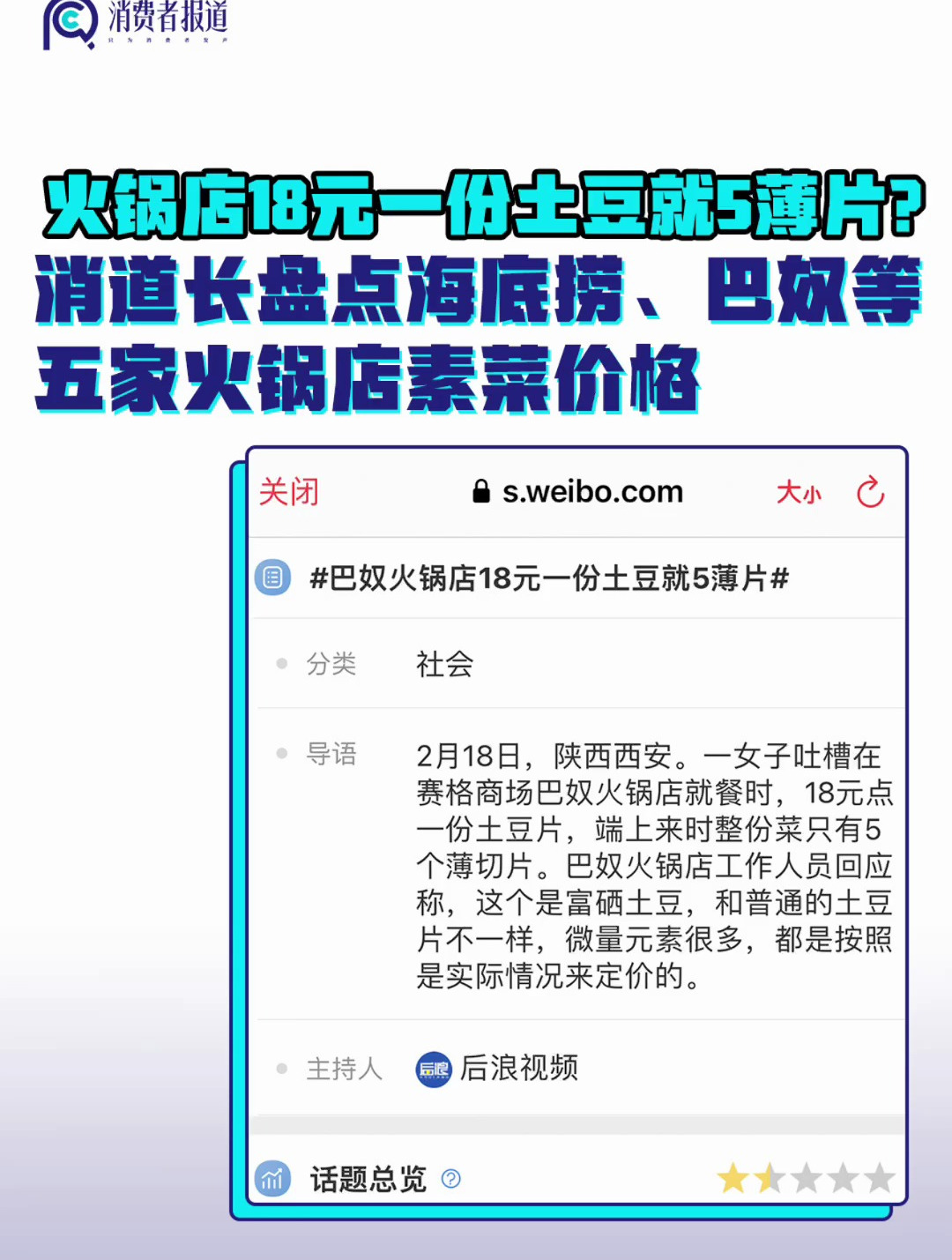 18元一份土豆就5片?实测巴奴、海底捞等5家火锅店素菜价格