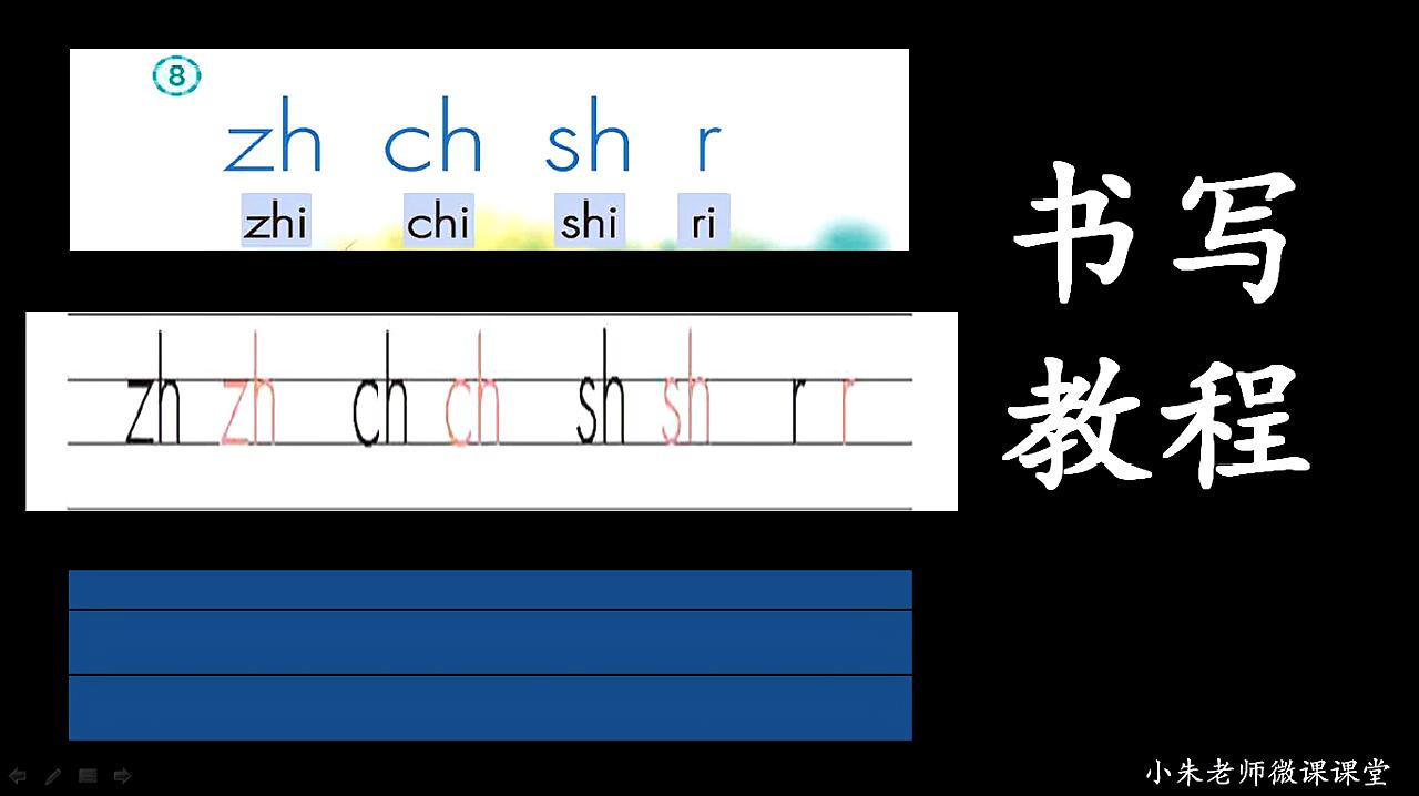 [图](2分钟轻松学)小学语文汉语拼音《zh ch sh r》书写教程