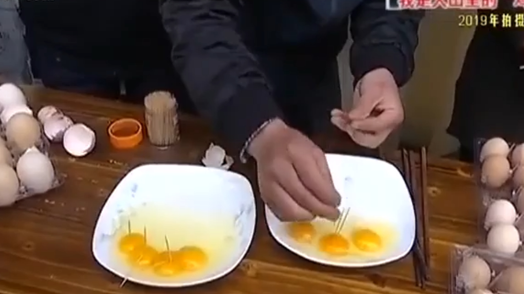 散养鸡产的鸡蛋 在蛋黄中插入九根牙签也不倒 还能徒手拎起蛋黄