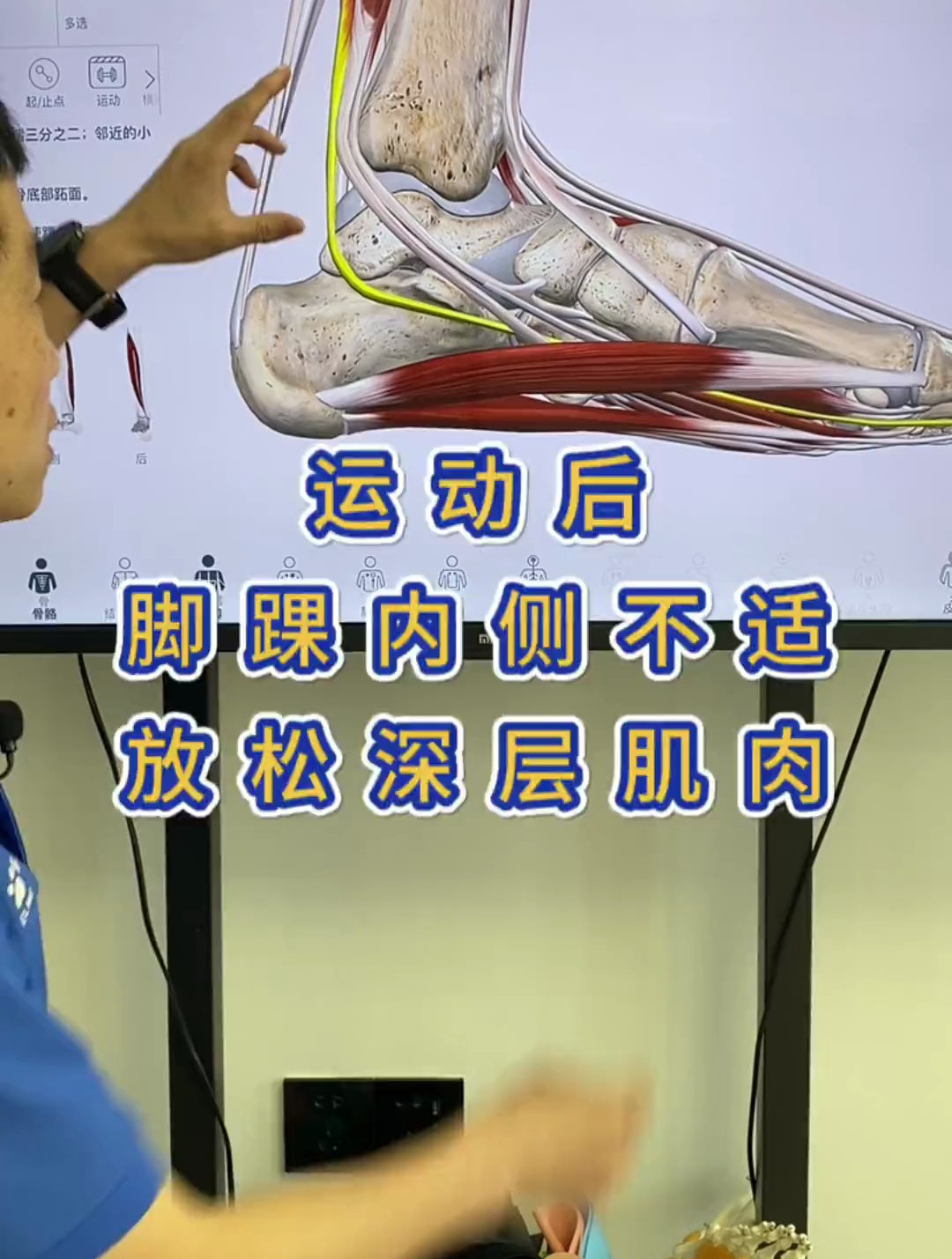 运动脚踝内侧不适,做小腿深层肌肉放松,加强足踝稳定性训练