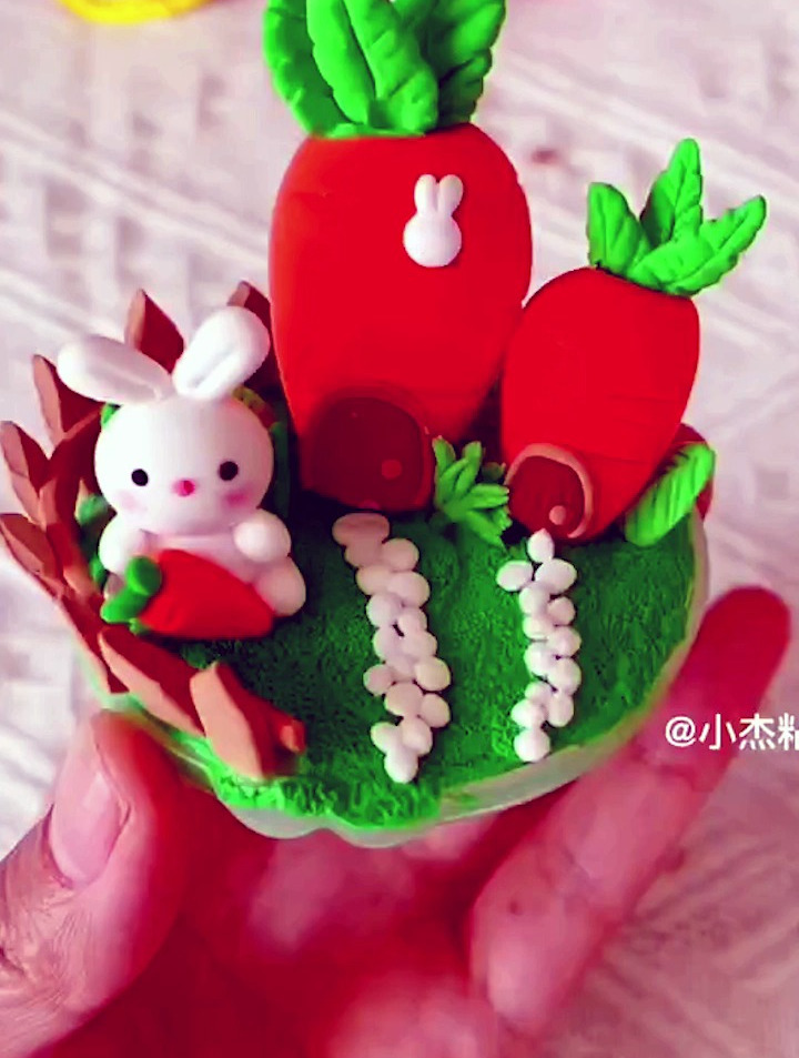手工diy,超轻黏土制作,胡萝卜小兔子场景
