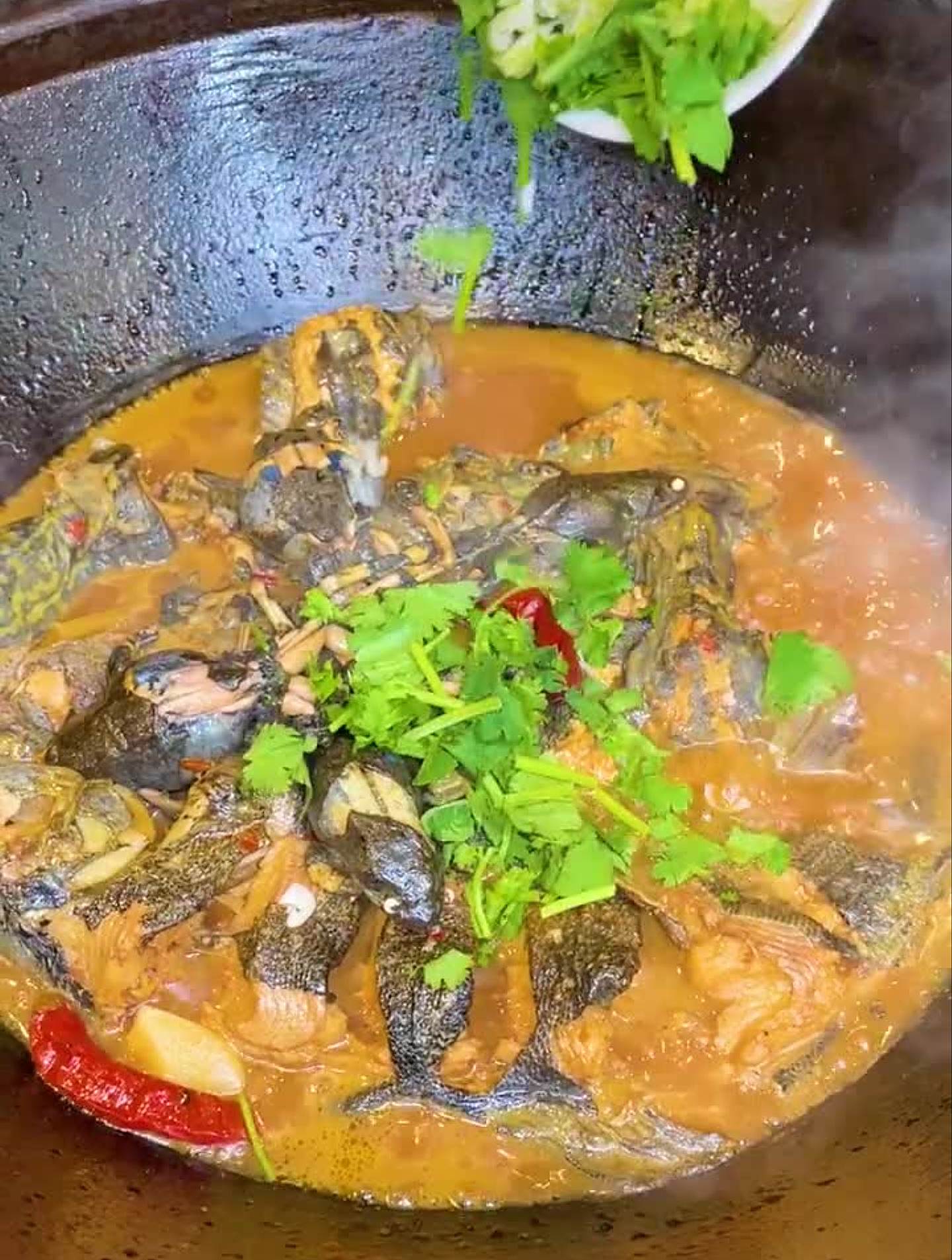 冷水鱼,山野菜。铁锅炖,炸小鱼。猜猜这一顿多少米?