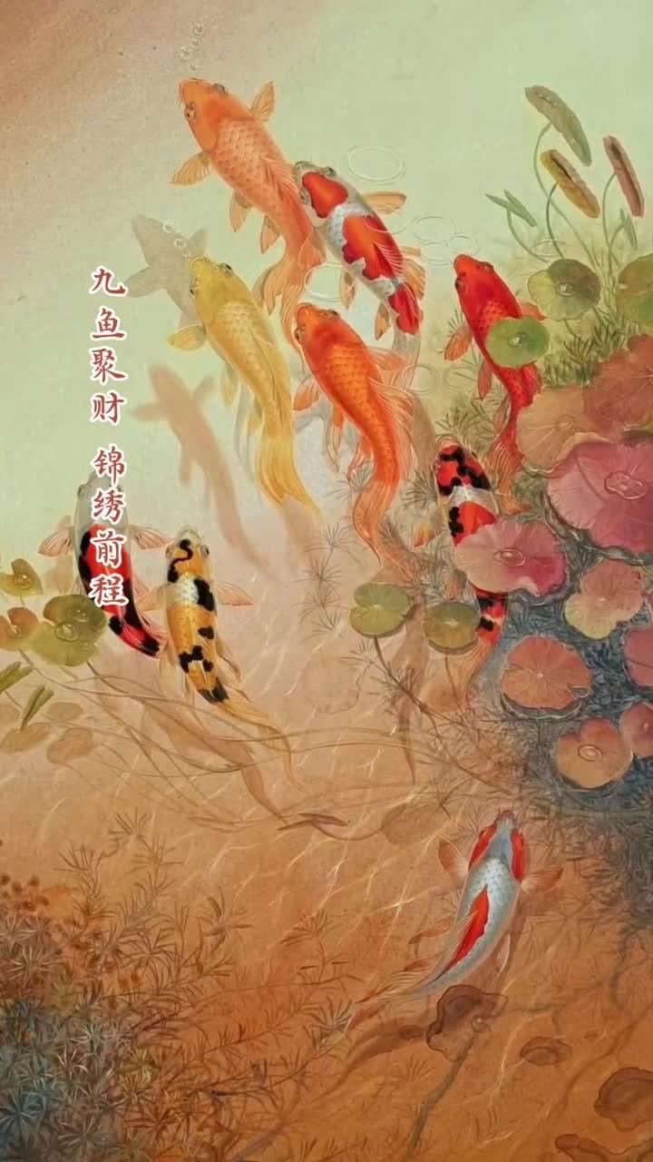 九鱼聚财 锦绣前程 画家吴文健油画九鱼图