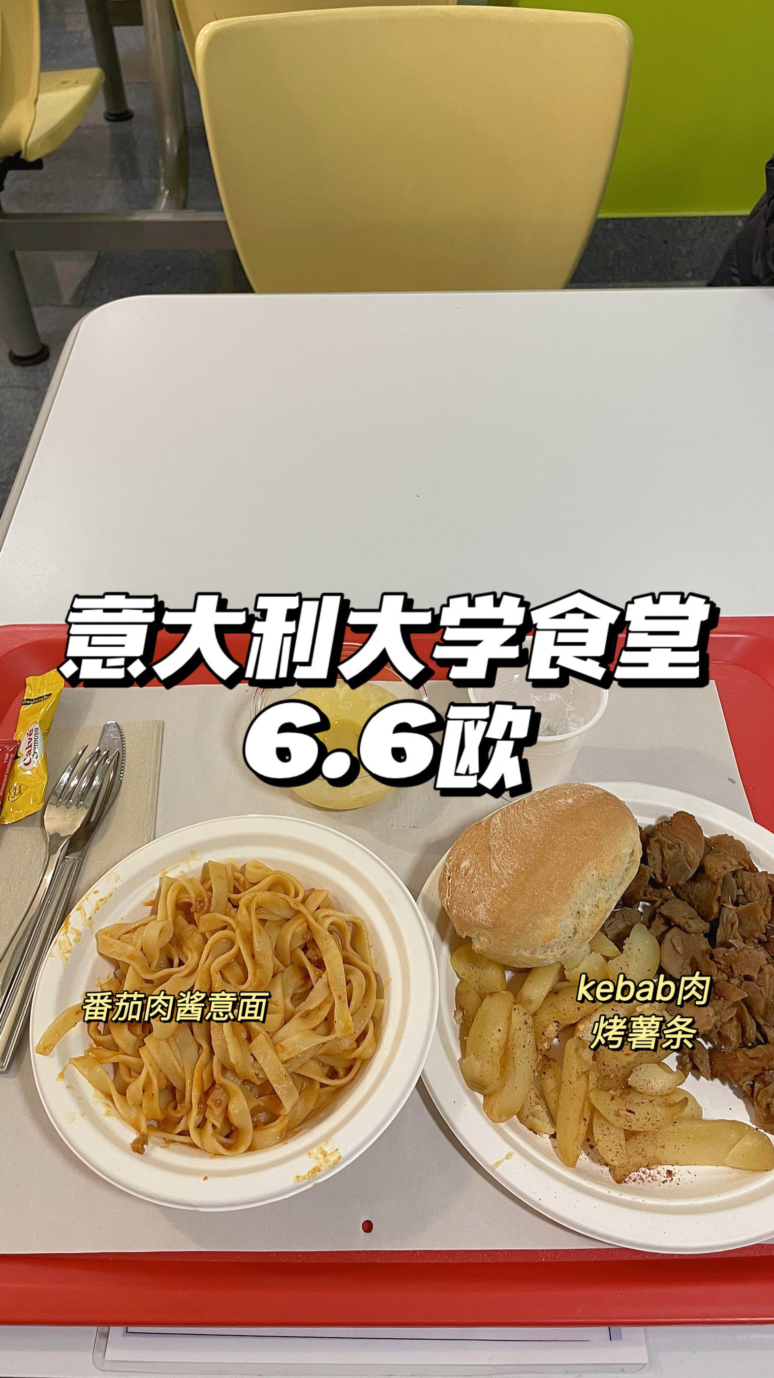 「意大利大学食堂」今天吃番茄肉酱意面,kebab肉,烤薯条
