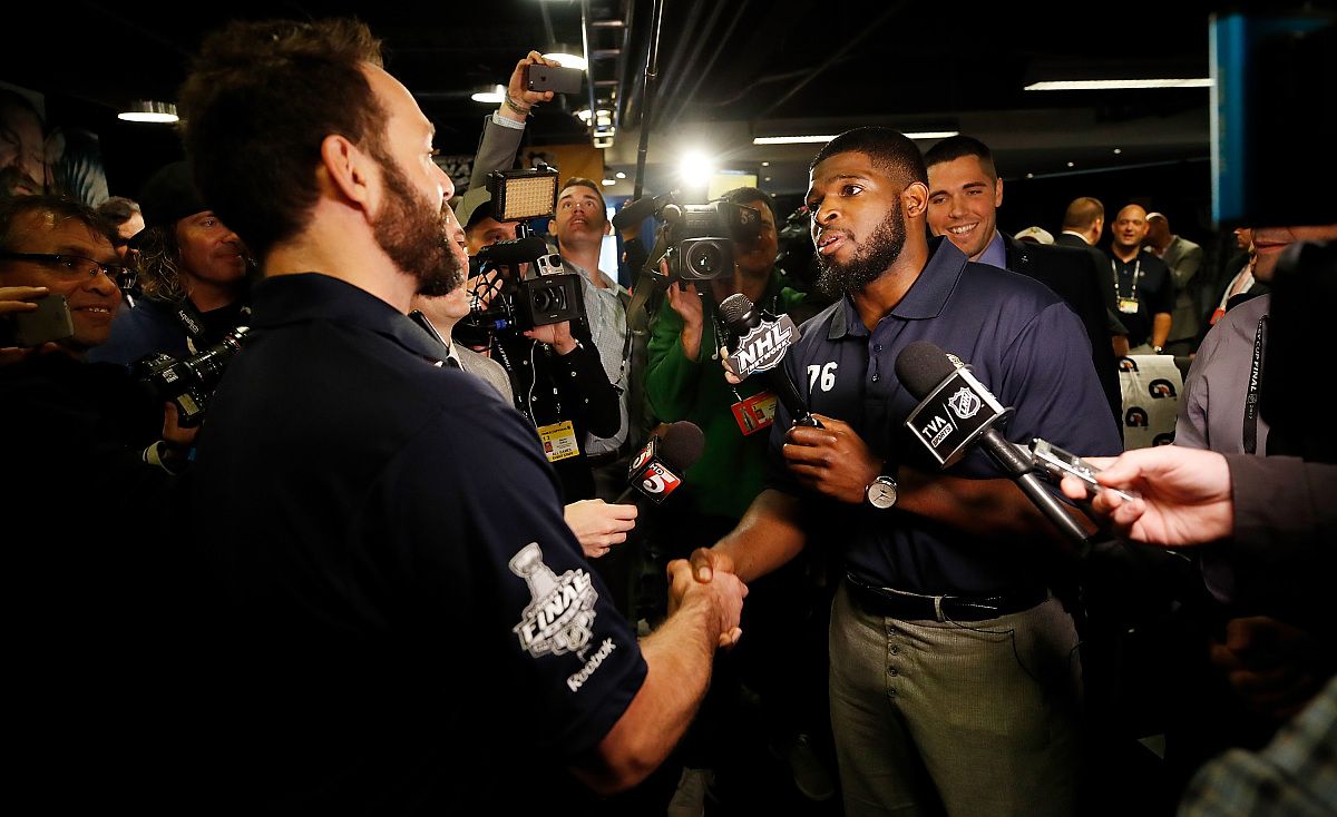 pittsburgh, pa - may 28: p.k. subban #76 interviews teammate ver