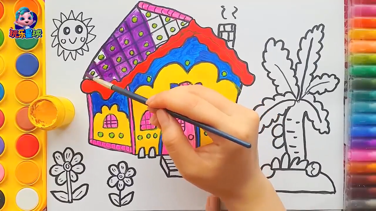 儿童绘画给花园小屋的墙和房顶涂色