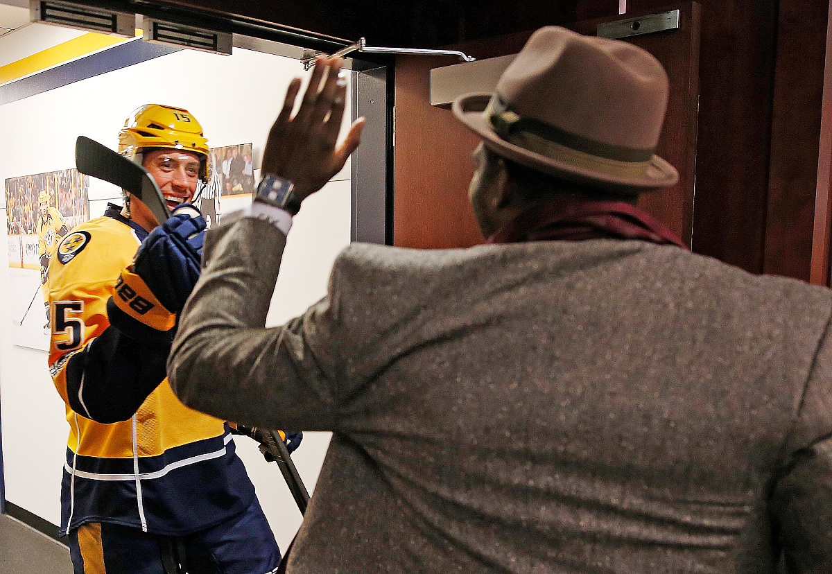 subban #76 of the nashville <strong>p</strong>redators high fives craig smith