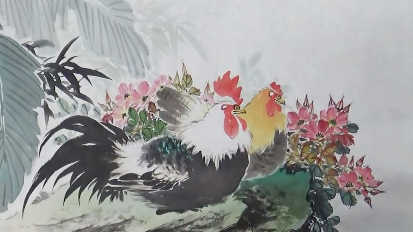 大师画“公鸡”油亮的花羽毛,挺胸抬头,气宇轩昂,画得真好!