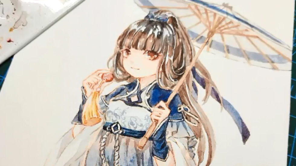 水彩教程:画一个萌萌哒的古风撑伞少女!要不要这么可爱