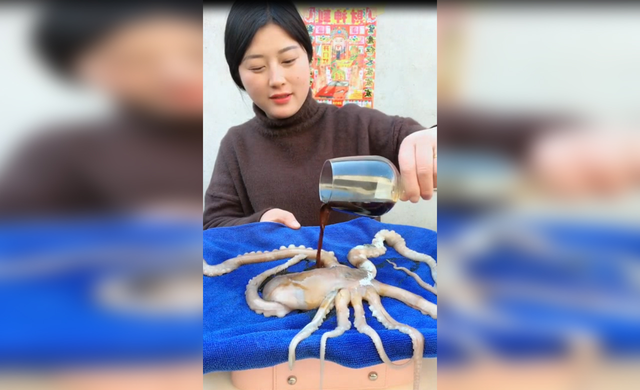 妹子真会吃,八爪鱼配红酒,真是绝配!