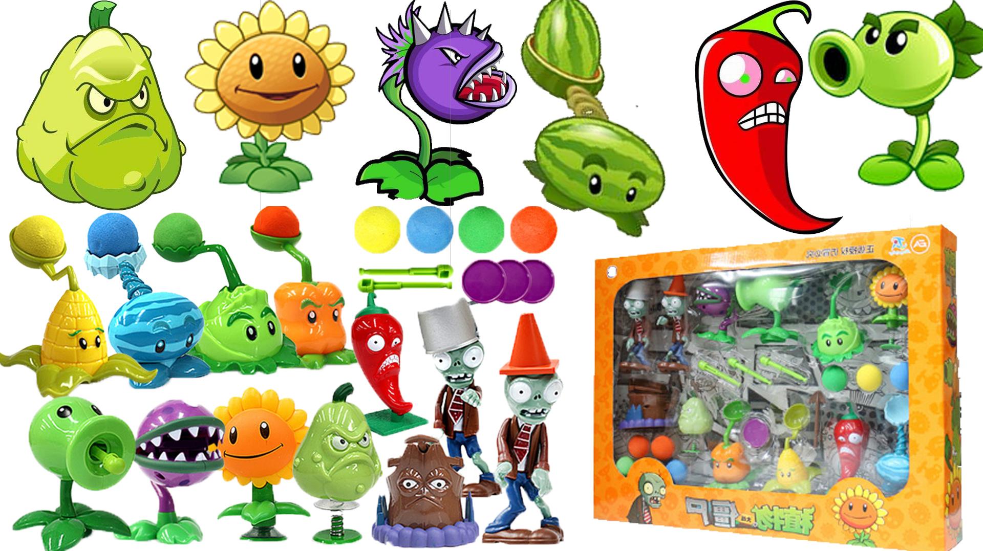 植物大战僵尸玩具!火炬树桩卷心菜投手豌豆射手窝瓜和僵尸玩具