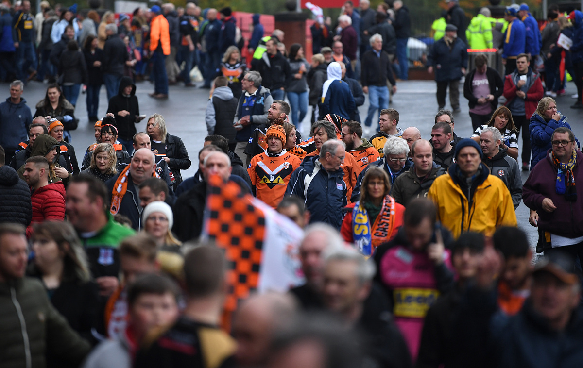 manchester, england - october 07:  rugby league fans make their 