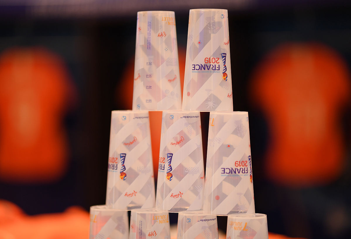 lyon, france - july 03: a detailed view of stacked cups are seen