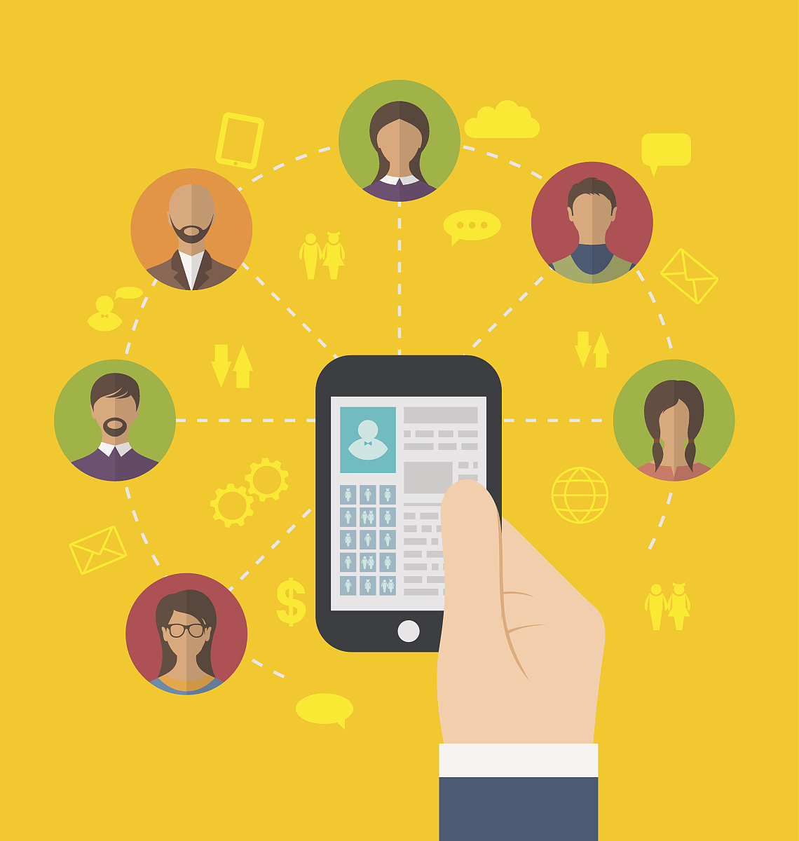 social connection with profile page on phone and users icons