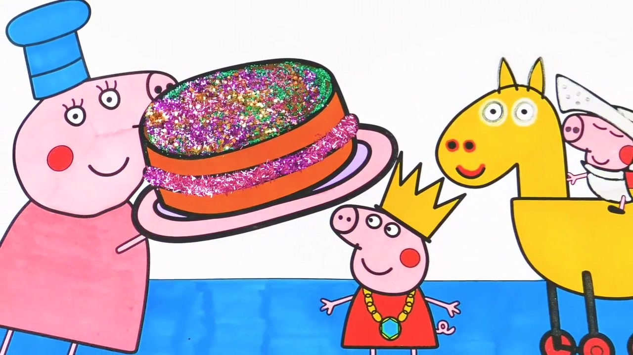 猪妈妈带着厨师帽,做了一个大大的巧克力蛋糕,佩奇和乔治好开心