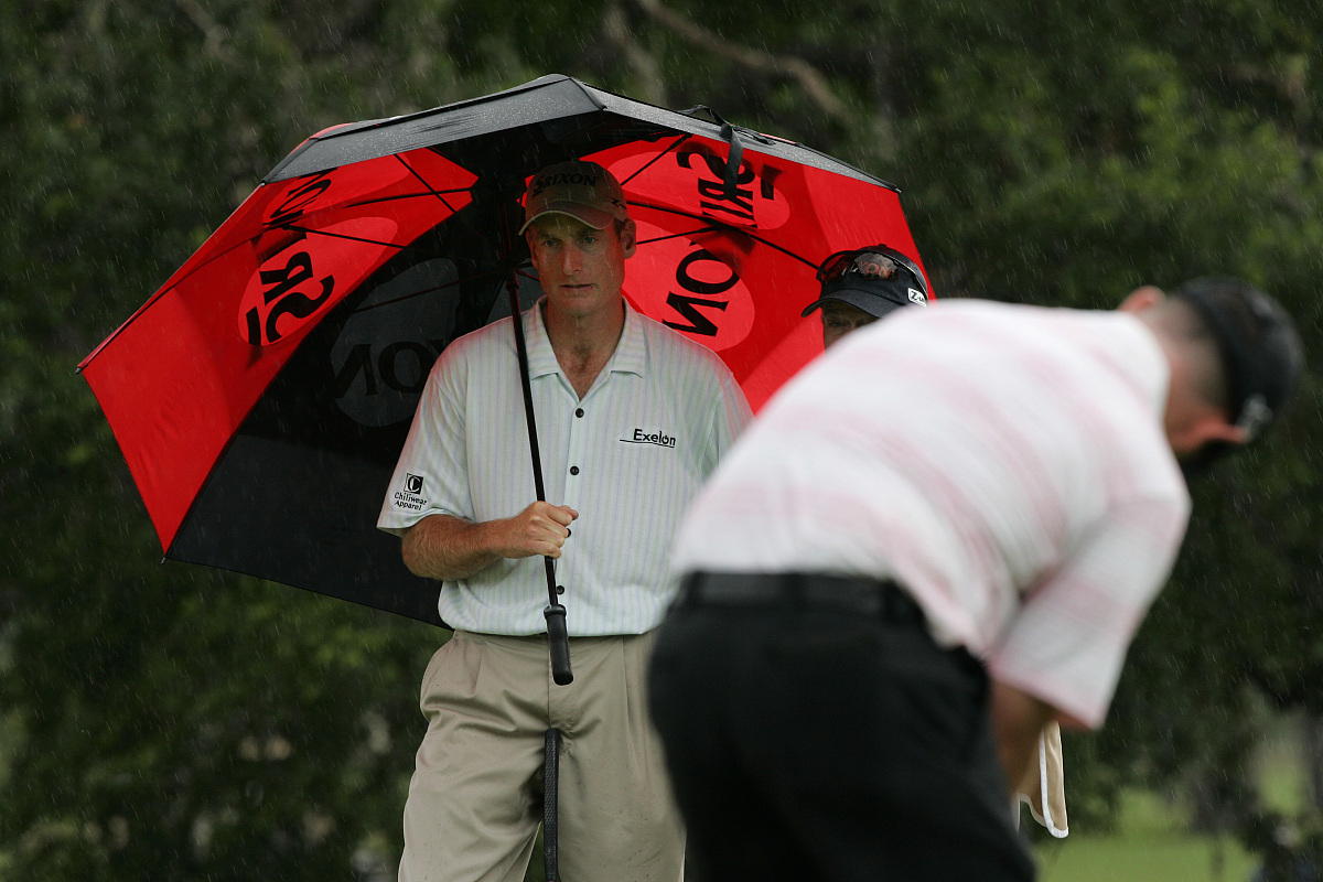 fort worth, tx - may 27:  jim furyk watches as rory sabbatini pu