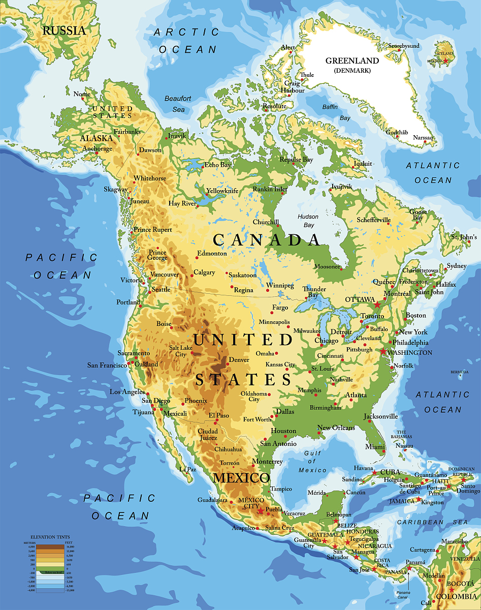 physical map of north america