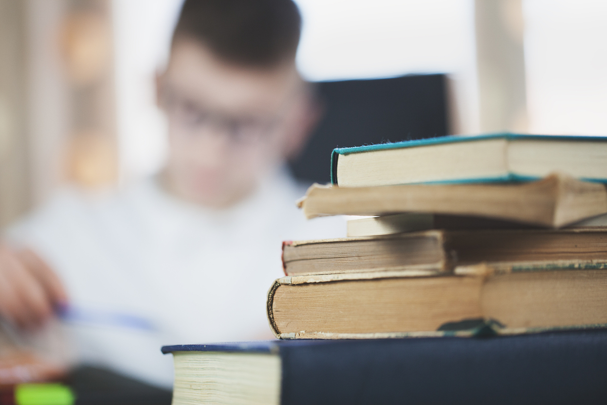 beautiful schoolboy doing homework at home