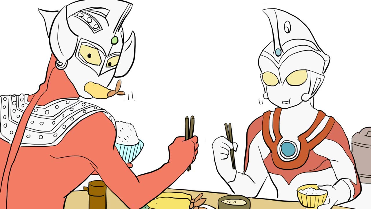 泰罗奥特曼和艾斯奥特曼一起吃早餐儿童亲子简笔画