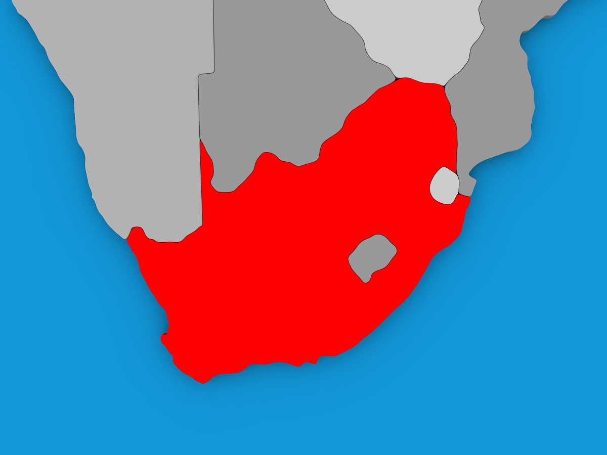 south africa in red on globe