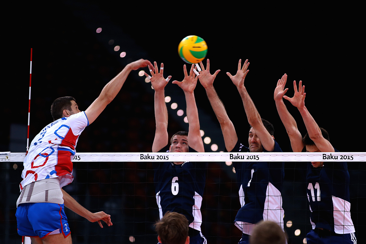 baku, azerbaijan - june 24:  tomas krisko of s<strong>l</strong>ovakia (l) spikes