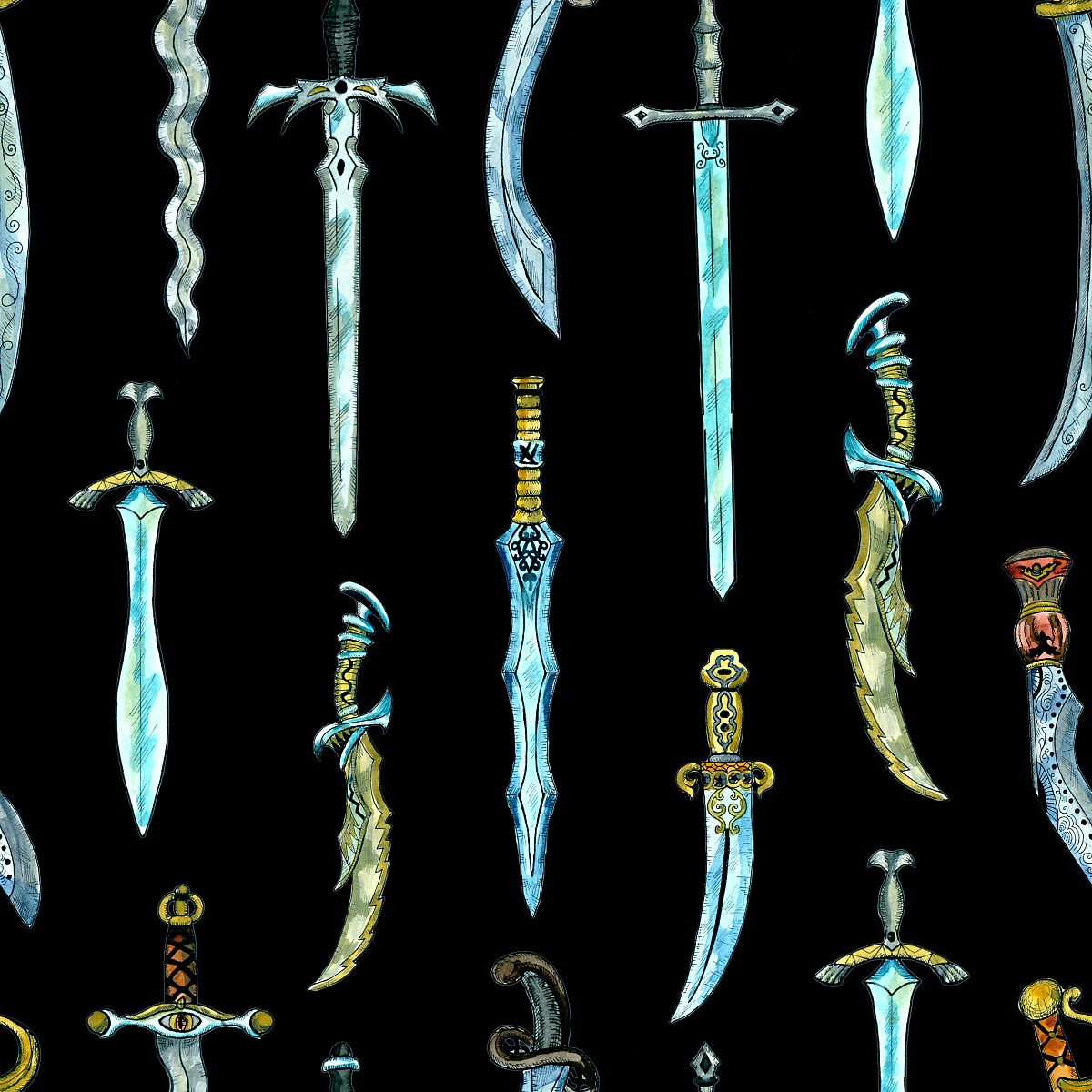 seamless pattern with ancient swords on black