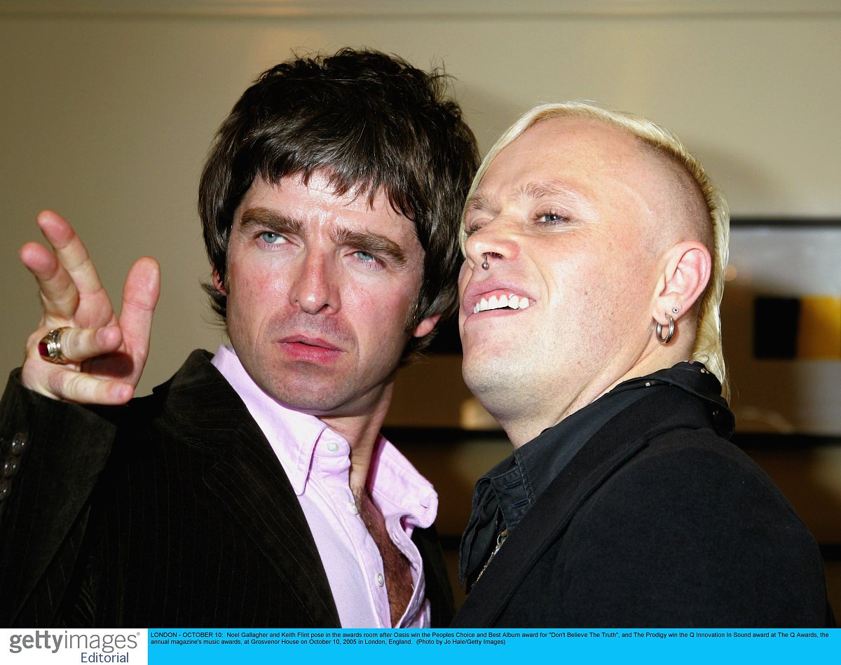 london - october 10:  noel gallagher and keith flint pose in the