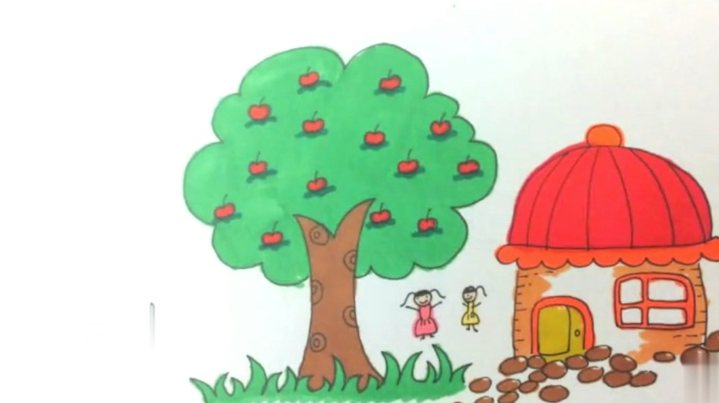 手工教程:简笔画房子和大树,漂亮的大树画法可真简单
