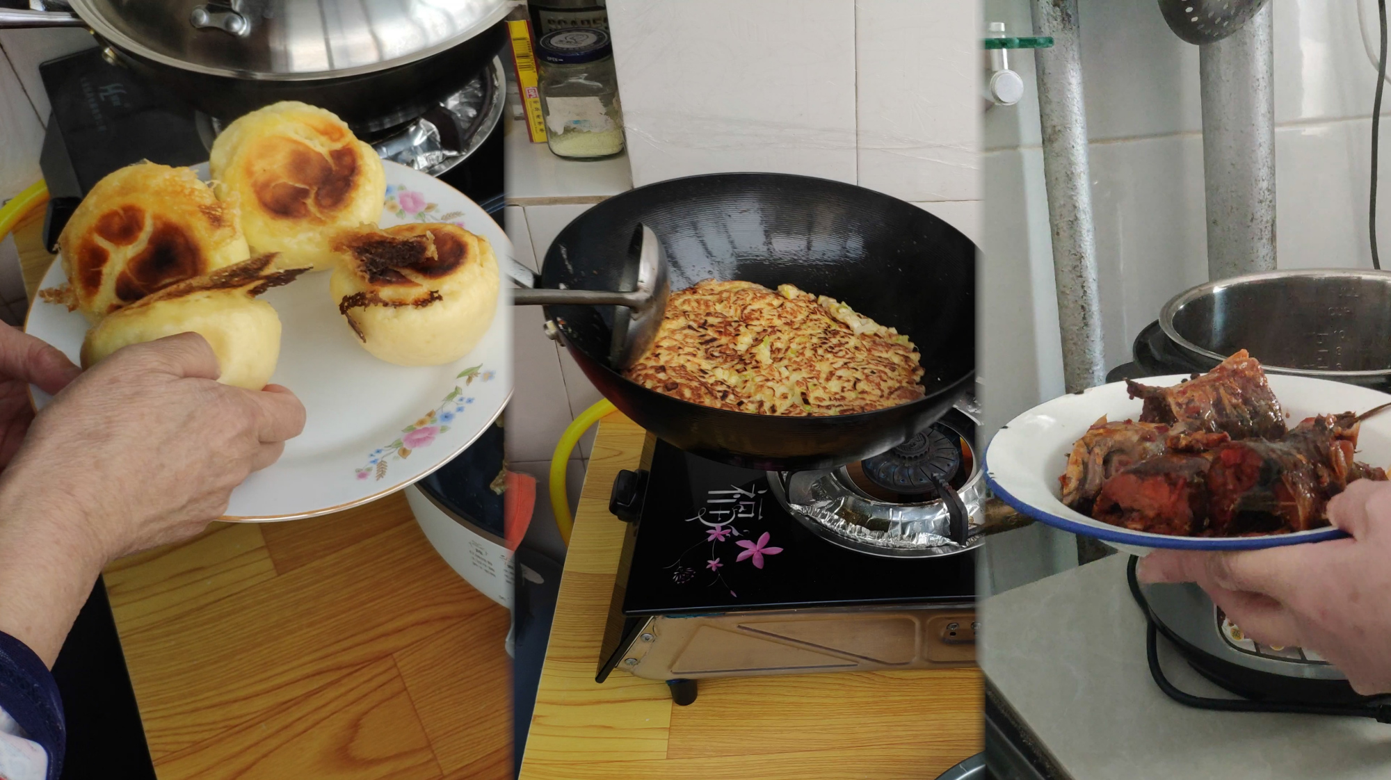 家常卤鱼,摊鸡蛋配锅贴馒头,老两口吃的真香