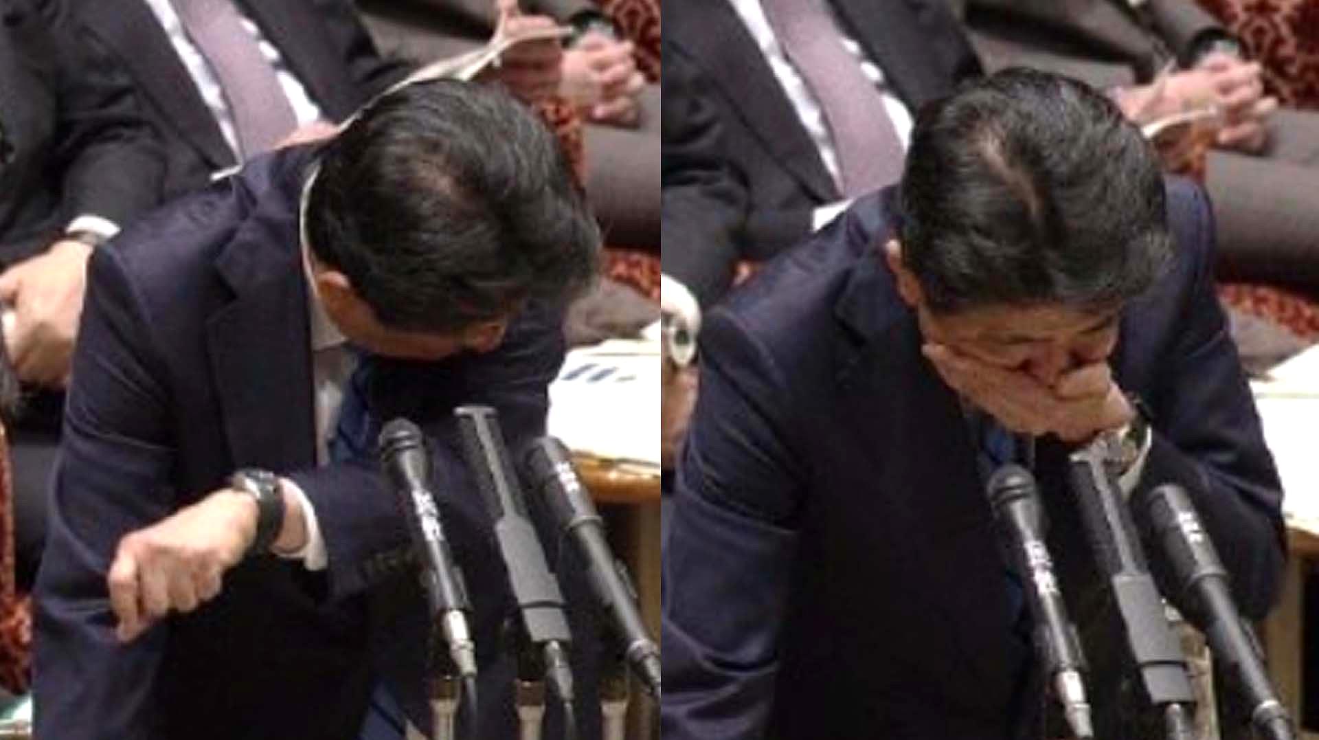 [图]日本首相安倍晋三当众发言时咳嗽不止 坐他身后的2名议员动作亮了