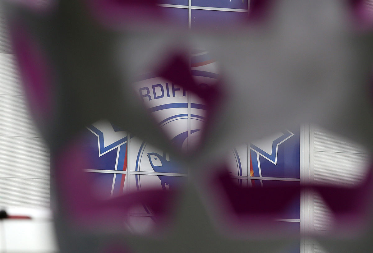 cardiff, wales - march 11: the cardiff city logo can be seen thr
