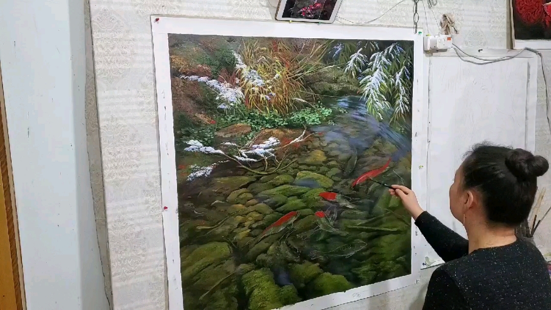 #手绘油画#《年年有鱼》 继续画一天,录好几十分钟,就为了展示这一分钟。再来一天就OK啦[
