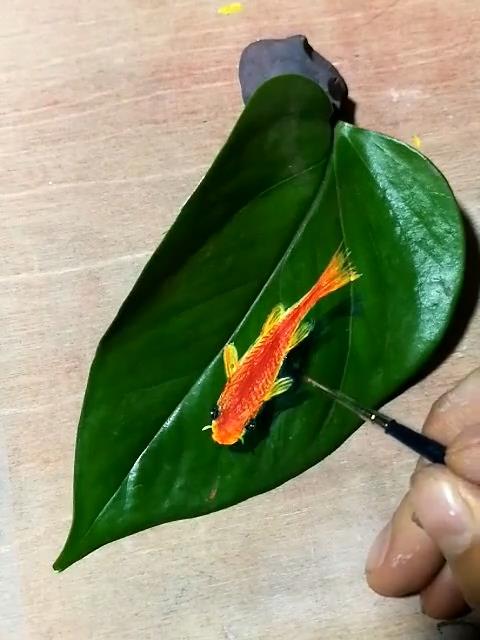 #手绘#树叶上的鱼。用的丙烯颜料