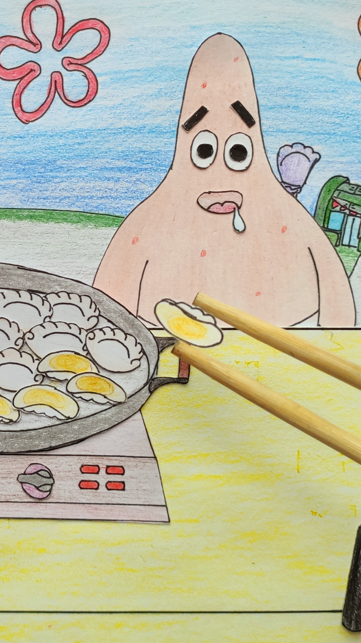 手绘定格动画:菠萝房前摆地摊,请海绵宝宝派大星吃锅贴