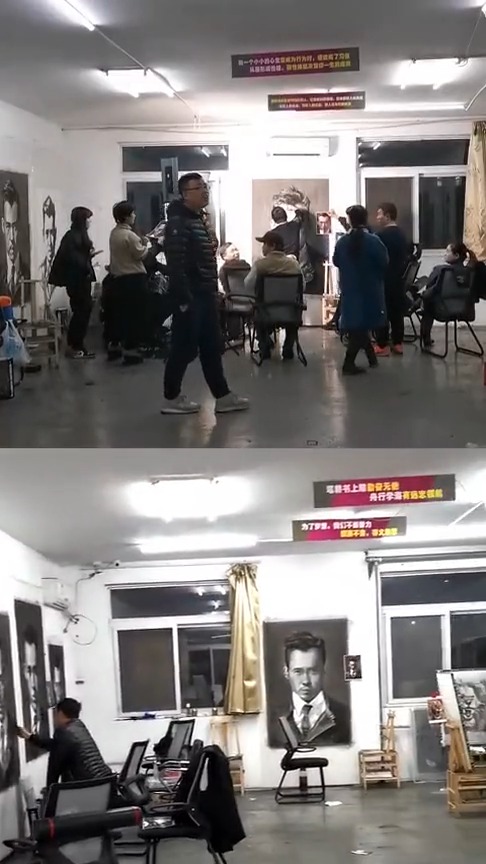 刘斌老师双一开表演素描领画作品硬汉全体学员一起挑战巨幅素描