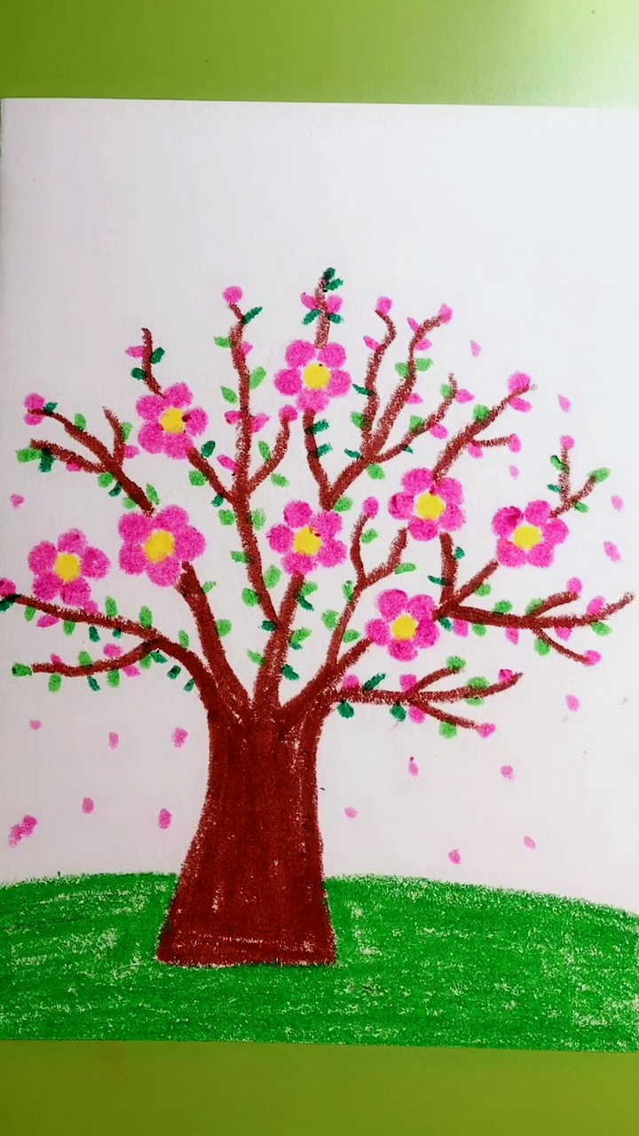 #画画原来如此简单#蜡笔画风景,美丽的桃花